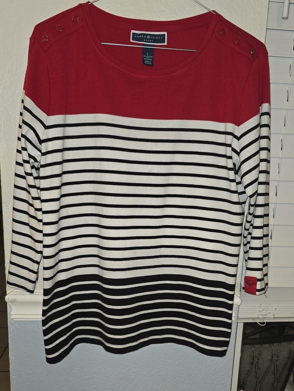 Karen Scott Red, White & Black Striped Boatneck Top